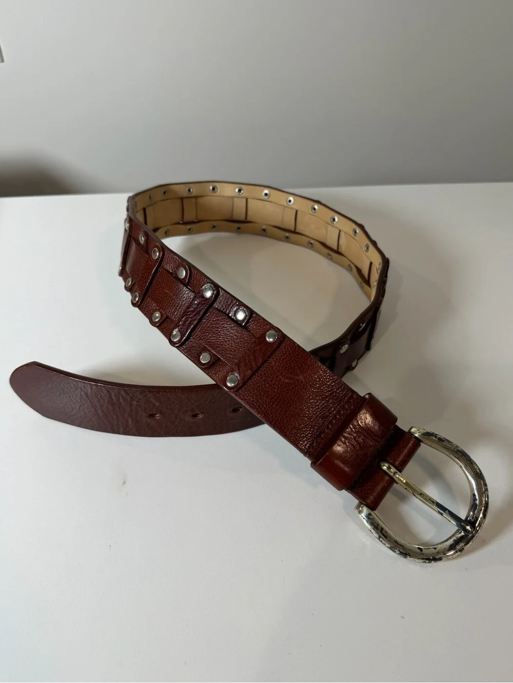 Saks Fifth Avenue Medium Woven Knit Brown Studded Genuine Italian Leather Belt